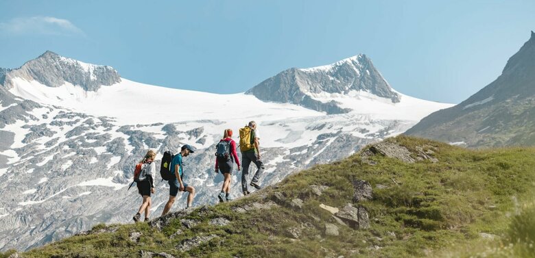 Vier Gäste wandern im Nationalpark Hohe Tauern vor dem Gletschervorfeld.