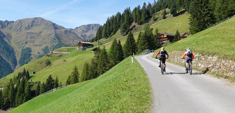 E-Biken im Villgratental auf dem Berg-Radl-Weg im Sommer mit grünen Wiesen und Wäldern.