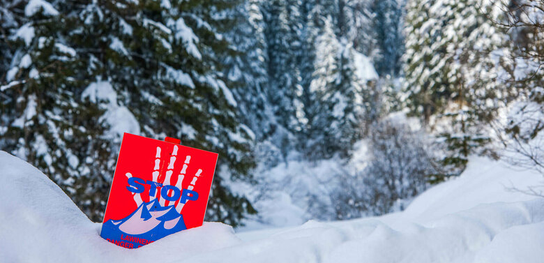 Eine rot, weiß, blaue Lawinengefahrtafel in einem frisch verschneitem Wald.
