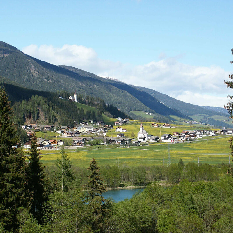 Ortsansicht Strassen im Sommer mit dem sich hinter den Dorf erhebenden Wald und den grünen Feldern vor dem Dorf.