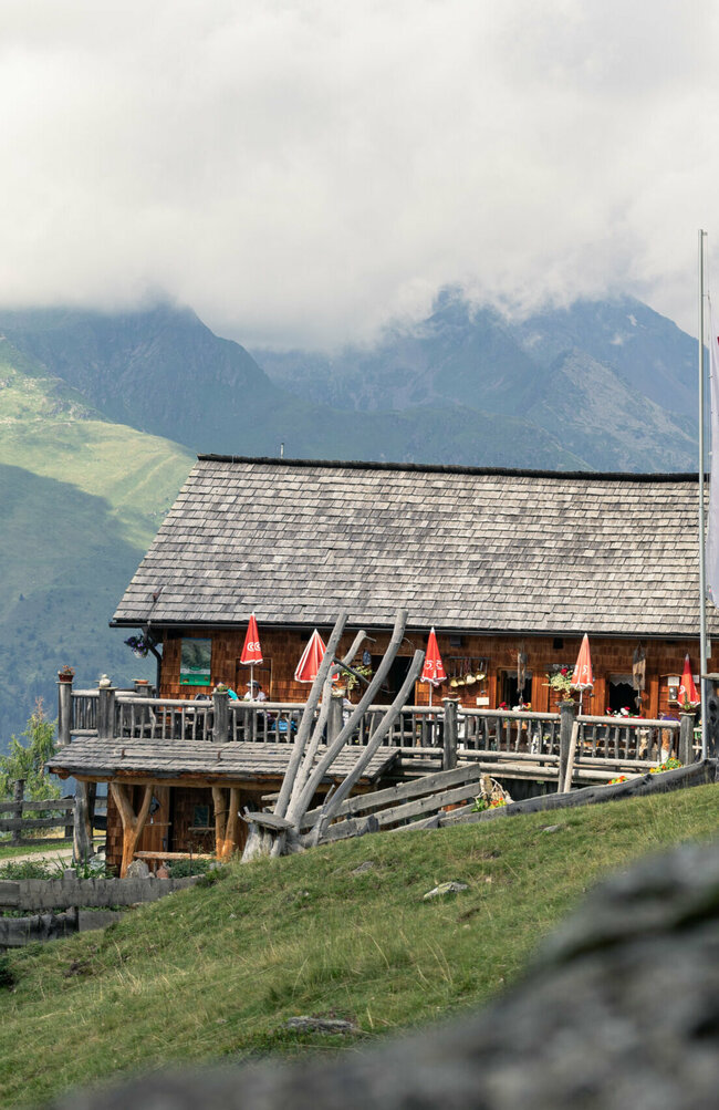 roaner-alm Die Roaner Alm mit gehisster Tirol Fahne davor, an einem wolkenbedeckten Tag. Links ist ein alter Holzzaun und rechts steht ein großer Nadelbaum.