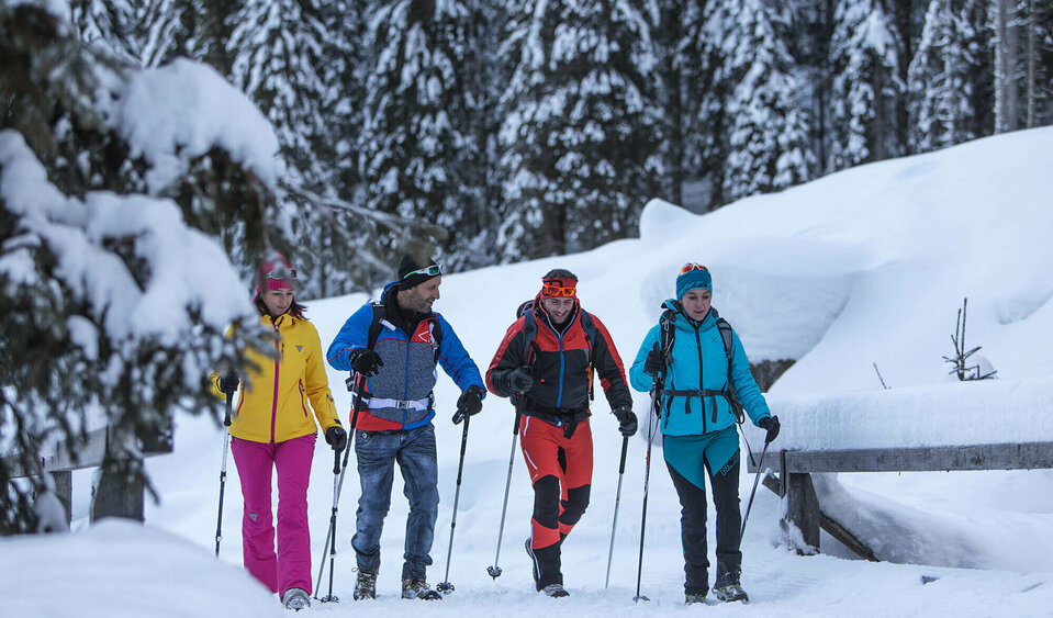 Zwei Pärchen wandern bunt gekleidet in verschneiter Winterlandschaft mit Stöcken ausgerüstet und Rucksack auf einem Winterwanderweg.