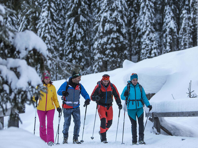 Winterwandern Kartitsch Zwei Pärchen wandern bunt gekleidet in verschneiter Winterlandschaft mit Stöcken ausgerüstet und Rucksack auf einem Winterwanderweg.
