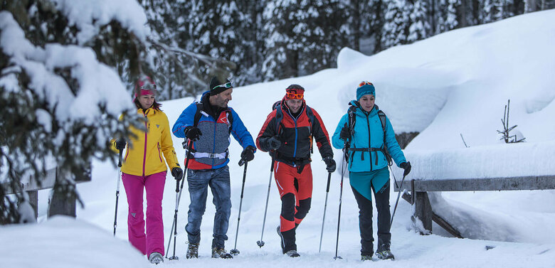 Zwei Pärchen wandern bunt gekleidet in verschneiter Winterlandschaft mit Stöcken ausgerüstet und Rucksack auf einem Winterwanderweg.