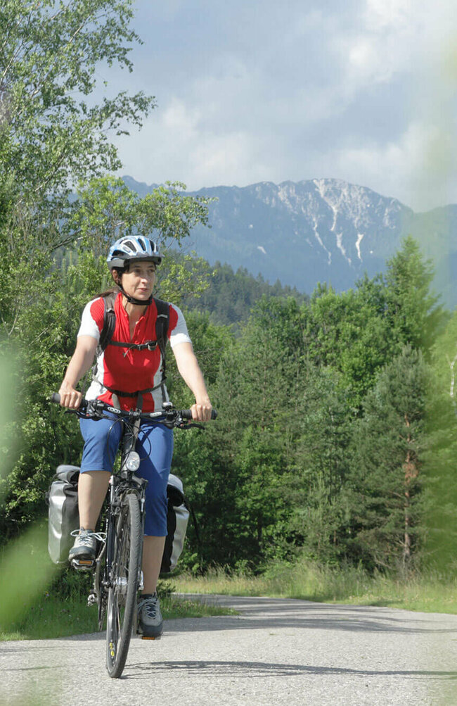 Eine Frau mit blauer Hose und rotem Shirt fährt mit ihrem Rad mit Gepäck entlang des Drauradwegs.