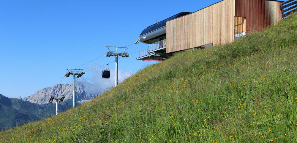 Die Bergstation der Golzentippbahn Blumenreiche, sattgrüne Bergwiese mit Seilbahn-Bergstation in senkrecht verlaufender, leicht verwitterter Holzverkleidung. Die letzten drei Liftstützen vor der Bergstation und eine rote Seilbahngondel sowie der blaue Himmel und im Hintergrund eine halbrunde, markante Felsburg bilden einen schönen Kontrast dazu.