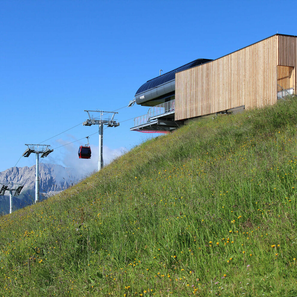 Die Bergstation der Golzentippbahn Blumenreiche, sattgrüne Bergwiese mit Seilbahn-Bergstation in senkrecht verlaufender, leicht verwitterter Holzverkleidung. Die letzten drei Liftstützen vor der Bergstation und eine rote Seilbahngondel sowie der blaue Himmel und im Hintergrund eine halbrunde, markante Felsburg bilden einen schönen Kontrast dazu.