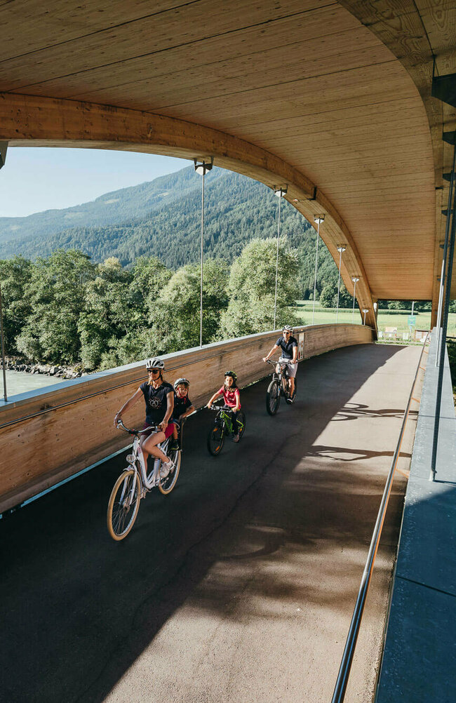 Drauradweg Die Abbildung zeit eine Familie, die mit ihren Fahrrädern auf dem Drauradweg unterwegs sind, und gerade eine hölzerne Brücke überqueren.