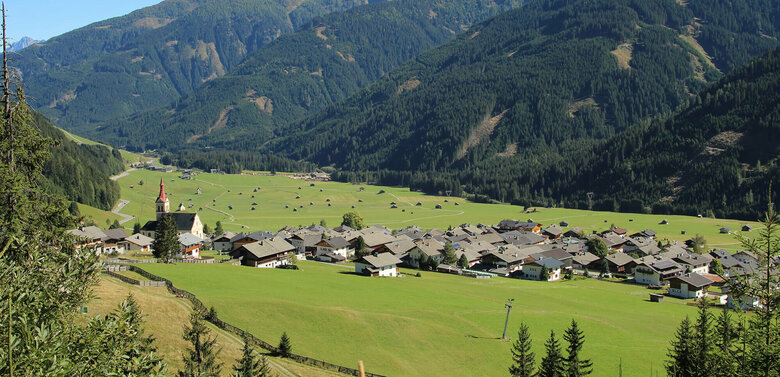 Blick auf eng verbautes Haufendorf mit ausschließlich grauer Dacheindeckung an einem wolkenlosen Herbsttag. Im Hintergrund die grünen Felder mit vielen kleinen Heuhütten und ein Gebirgszug, der das Tal mit seinen bewaldeten Hängen verschließt.