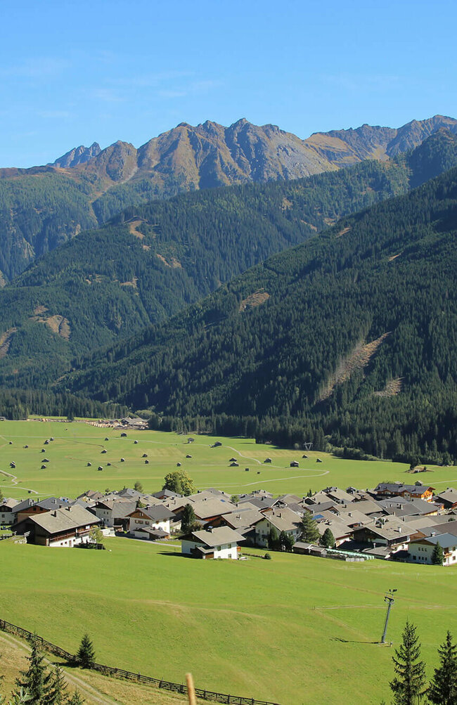 Obertilliach Blick auf eng verbautes Haufendorf mit ausschließlich grauer Dacheindeckung an einem wolkenlosen Herbsttag. Im Hintergrund die grünen Felder mit vielen kleinen Heuhütten und ein Gebirgszug, der das Tal mit seinen bewaldeten Hängen verschließt.