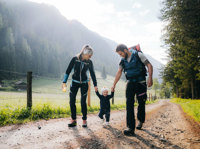 Familienwanderung Kristeinertal Eine Mann und eine Frau mit ihrem kleinen Kind dazwischen wandert im Kristeinertal.