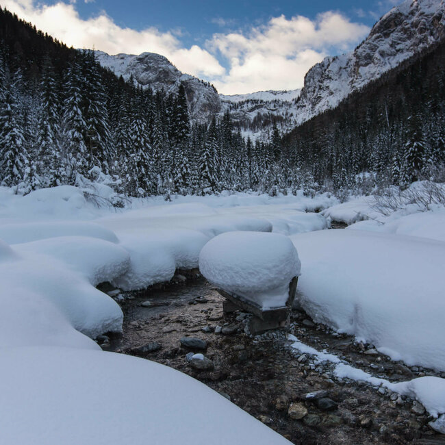 Verschneiter Bach in Kartitsch - aufgenommen beim Winterwandern