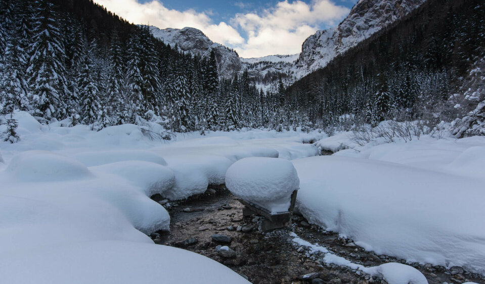 Verschneiter Bach in Kartitsch - aufgenommen beim Winterwandern