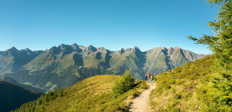 Ausblick Virgental Wandergruppe auf einem schmalen Weg mit Ausblick auf eine Bergkette im Virgental.