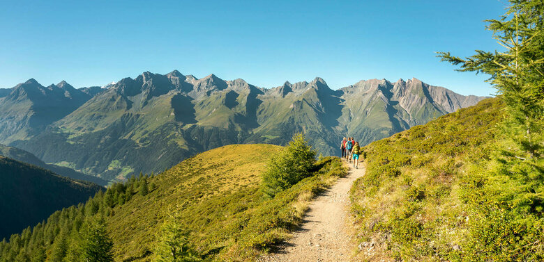 einlösbar bei über 100 Partnern Wandergruppe auf einem schmalen Weg mit Ausblick auf eine Bergkette im Virgental.