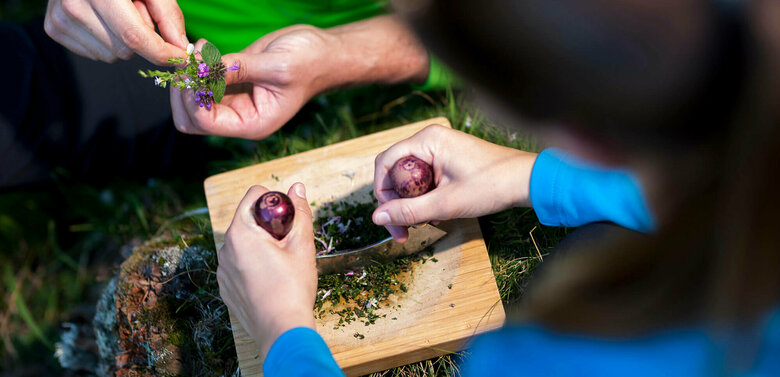 Geheime Welt der Kräuter Kräuter werden auf einem Schneidebrett aus Holz mit einem Wiegemesser fein gehackt.