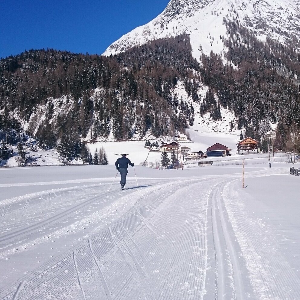 Winterlandschaft mit Loipen und Langläufer