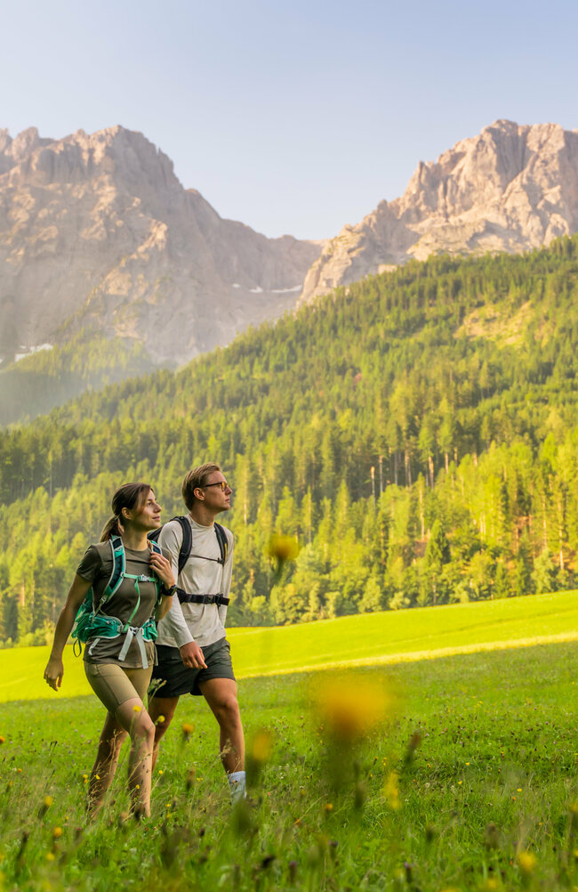 Ein Pärchen spaziert auf einer Wiese auf dem Pilgerweg Hoch & Heilig in Lavant.