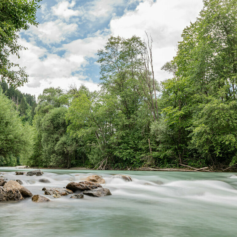 Der sanftblaue Gletscherfluss Isel bahnt sich sanft seinen Weg durch Osttirol, vorbei an Wäldern und dem Weitwanderweg "Iseltrail".