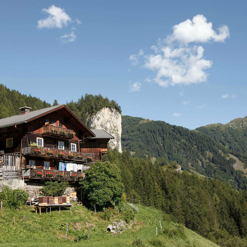 Falkenstein Matrei Das Berghaus Falkenstein in Matrei mit Bienenkästen davor und einem Fels dahinter. Auf der rechten Seite erstrecken sich bewaldete Berge.