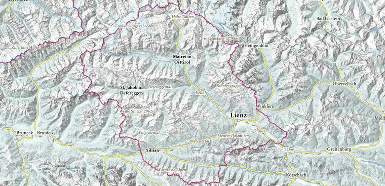 Interaktive Karte Eine Übersichtskarte von Osttirol, welche die verschiedenen Regionen und wichtigsten Orte benennt.
