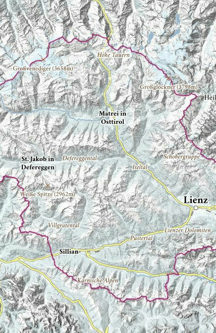 Interaktive Karte Eine Übersichtskarte von Osttirol, welche die verschiedenen Regionen und wichtigsten Orte benennt.