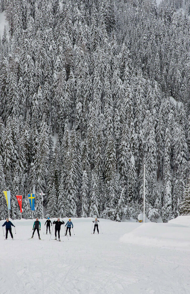 Biathlonzentrum - Obertilliach mehrere Personen laufen auf ihren Langlaufski im Stadion des Biathlonzentrum Obertilliach. Dahinter ein dichter, frisch verschneiter Wald