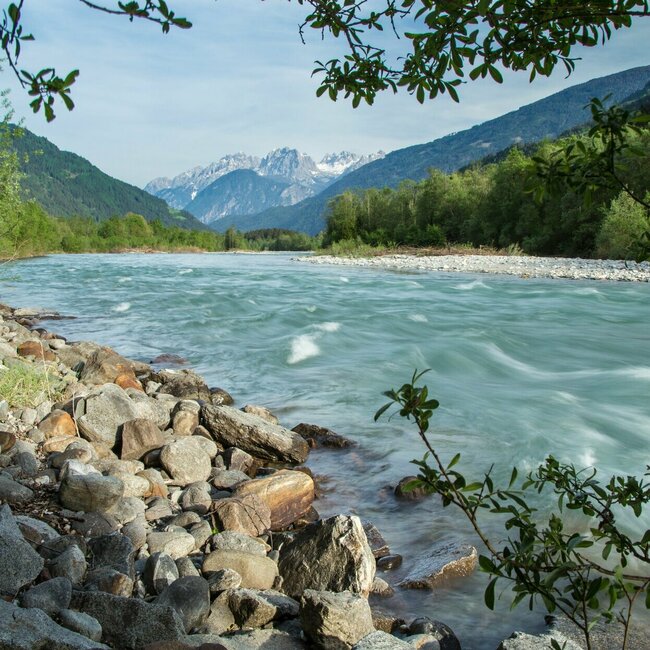 Aufnahme vom steinigen Ufer der Isel mit Blick auf den schnell fließenden Fluss und die Berge im Hintergrund an einem sonnigen Tag.