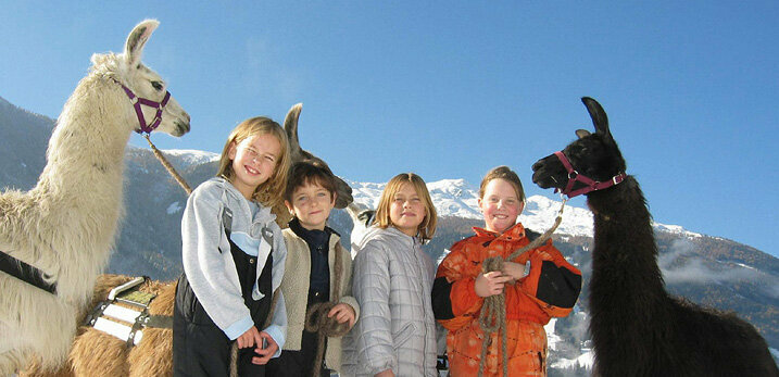 Gruppe Kinder beim Lamatrekking im Winter