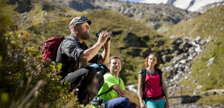 Drei Personen auf Rangertour im Nationalpark Hohe Tauern. Ein Mann hockt im Gras mit Fernglas. Im Hintergrund erheben sich noch schneebedeckte Gipfel.